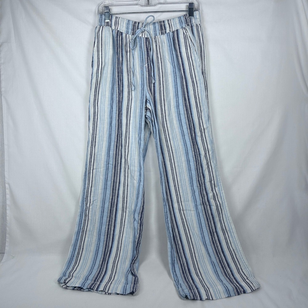 Blue & White Vertical Striped Wide Leg Drawstring Pants